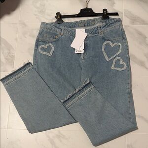 Escada Light Blue Straight Leg Jeans with Heart Accents